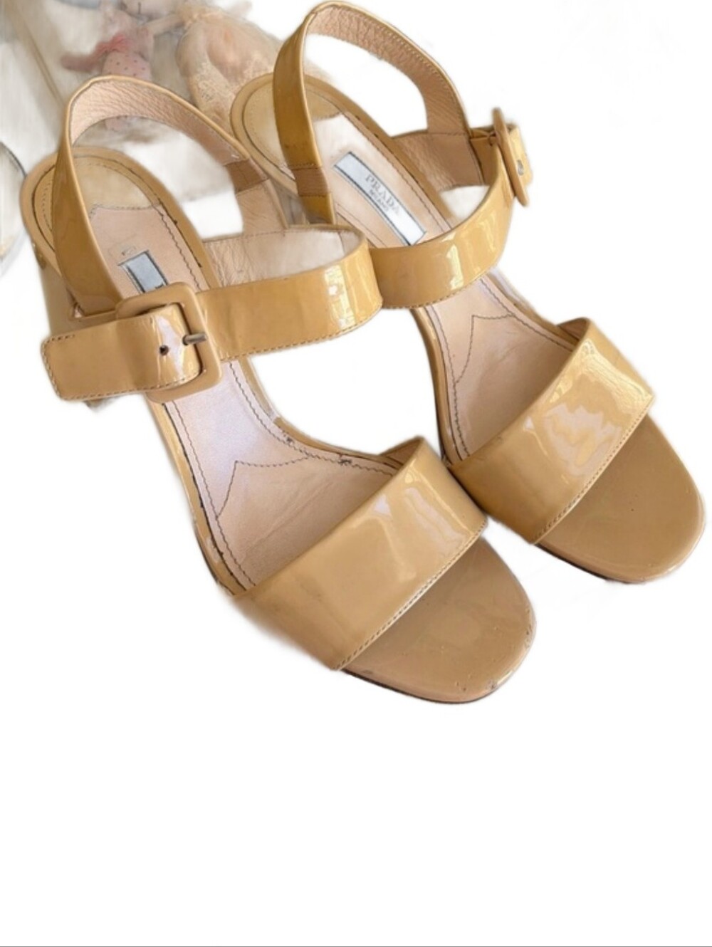 Prada Cream Patent Leather Slingback Block Sandals